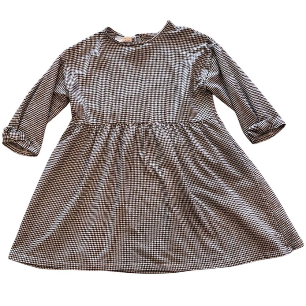 ZARA Kids Girls Gingham Dress Sz 10 Black White 3/4 Sleeve Bow Accent Fit&Flare